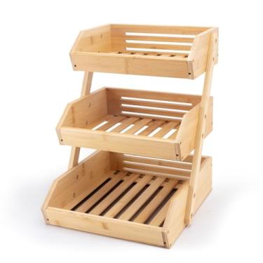 Imagem de LEIMO KPARTS Suporte grande de cesta de frutas de bambu de 3 camadas para bancada de cozinha – suporte de frutas – perfeito para pão, legumes, armazenamento doméstico e exibição