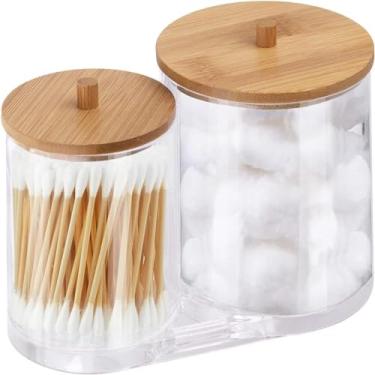 Imagem de Porta Algodão Cotonete Duplo Organizador Acrílico Tampa Bambu Discos Maquiagem