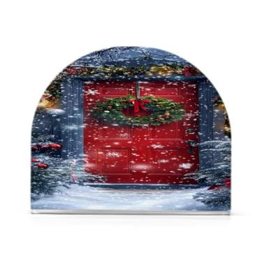 Imagem de Qilmy Porta vermelha festiva guirlanda de Natal porta-guardanapos para mesas, elegante suporte de guardanapo de papel de placa acrílica, dispensador de papel de seda independente moderno para jantar