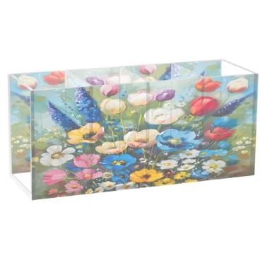 Imagem de CEBUGI Porta-lápis de acrílico transparente com 4 compartimentos, organizador de pincéis de maquiagem de flores silvestres em aquarela, para armazenamento em mesa de escritório em casa