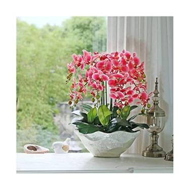 Imagem de LMJYU Flor artificial com vaso de flores artificiais falsas 6 ramos panos de seda bonsai toque real Phalaenopsis flores artificiais em vaso de flores