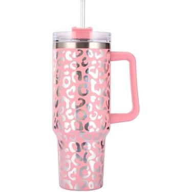 Imagem de Copo Térmico Grande 1200ml de Aço Inoxidável com Alça, Parede Dupla, Tampa com Canudo, Isolamento Térmico Quente e Frio, Cilíndrico rosa claro