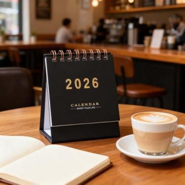 Imagem de Mini calendário de mesa 2026 – calendário de mesa pequeno dobrável em pé, agenda mensal compacta com detalhes em folha dourada para casa ou escritório (preto)