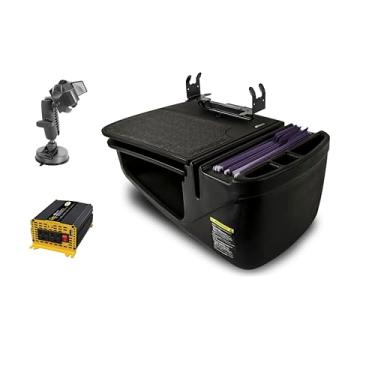 Imagem de AutoExec Mesa de carro GripMaster para sua estação de trabalho de veículo e escritório móvel, preta, com suporte de impressora, inversor de potência de 400 watts e suporte de sucção para telefone