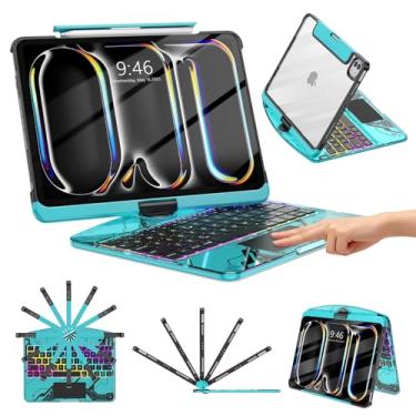 Imagem de TSQQST Capa transparente com teclado sem fio para iPad Pro de 11 polegadas (M4) 2024 com suporte para lápis e trackpad multitoque, PCB visível, brilho de 3 e luz de fundo de 7 cores, rotação 360, azul