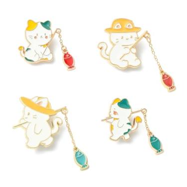 Imagem de Stiesy Broche de lapela esmaltado de gato de flor de café, broches de liga com correntes de pendurar para saia, casaco, jaqueta, chapéu, emblemas colecionáveis vintage para mulheres e homens presentes