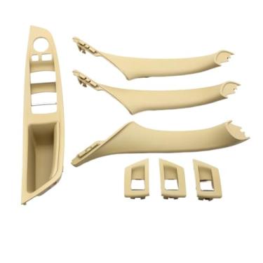 Imagem de Conjunto de 7 peças de puxadores de porta internos para carros com volante à esquerda (LHD) em fibra de carbono bege e preto, compatível com BMW Série 5 F10 F18 523 525 528.(Model A Beige)