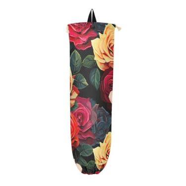 Imagem de Rosas coloridas em preto organizador de sacolas plásticas, suporte de saco de plástico, bolsa de armazenamento de cozinha