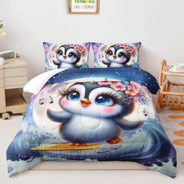 Imagem de AILONEN Conjunto de edredom de desenho animado 3D, pinguim, tamanho solteiro, animal fofo, para crianças e adolescentes, 3 peças, edredom estrelado com 2 fronhas