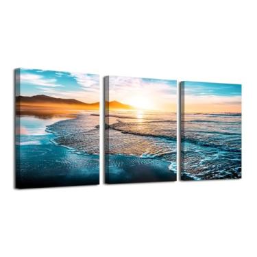 Imagem de daktenn 3 peças de arte de parede de praia pôr do sol decoração de parede decoração de parede oceano praia pôr do sol arte de parede pintura de paisagem 61 x 81 x 7 painéis
