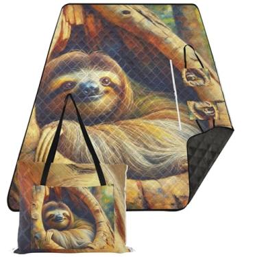 Imagem de TSENQUE Manta de piquenique fofa bicho-preguiça fofo cobertor de praia dobrável impermeável estampa à prova de areia tapete de acampamento infantil para grama 203 x 152 cm