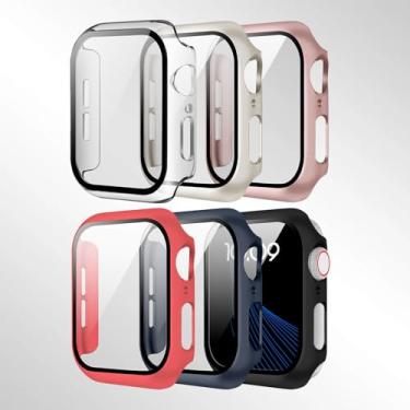 Imagem de Pacote com 6 capas com protetor de tela de vidro temperado para Apple Watch Series 4-10, ultrafina, resistente a arranhões, PC rígido (preto/transparente/vermelho/azul meia-noite/rosa/luz das estrelas