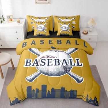 Imagem de Erosebridal Jogo de cama solteiro de beisebol, softball, 7 peças, para meninos, adolescentes, homens, jogos, jogos, conjunto de edredom com lençol de beisebol e cidade (Milwaukee), amarelo