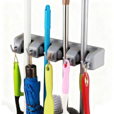 Imagem de TOGU Pacote com 2 suportes para esfregão e vassoura montado na parede, 4 posições, com 5 ganchos retráteis, comporta até 9 ferramentas, suporte à prova de intempéries para sistemas de armazenamento de