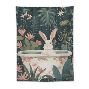 Imagem de Tapeçaria de parede de coelho branco em banheira floral decoração de planta selva caprichosa arte animal fofa para banheiro quarto aconchegante boho pendurado acento encantador natureza 30 x 101