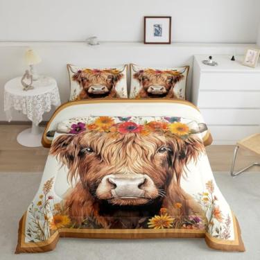 Imagem de jejeloiu Conjunto de cama solteiro de vaca Highland para crianças, casa de fazenda, para meninos, meninas, adolescentes, marrom, respirável, macio, leve, conjunto de edredom de microfibra
