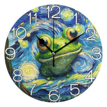 Imagem de Relógio de parede analógico decorativo escritório cozinha relógio divertido alimentado por bateria, sala de estar decoração de parede bonito engraçado sapo noite estrelada, 25 cm, ponteiros pretos