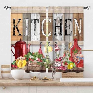Imagem de Curtians rústicos de cozinha, garfo e colher de fazenda, tábuas de madeira, tema de cozinha, vintage, vermelho, branco, café, pequena cortina de janela curta para quarto, sala de estar, sala de jantar