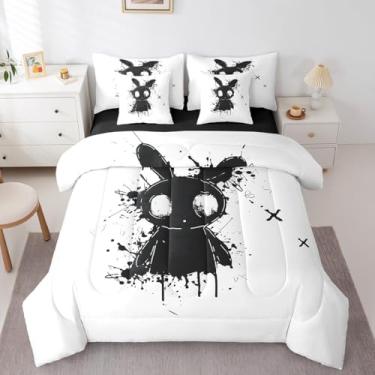 Imagem de jejeloiu Jogo de cama casal com edredom branco e preto, coelho, coelho, 7 peças, gótico, terror, para meninos, meninas, adolescentes, em uma bolsa, respirável, estilo japonês, decoração de quarto