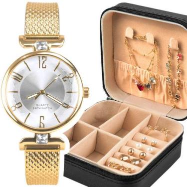 Imagem de relogio feminino banhado aço + porta joia + pulseira original presente