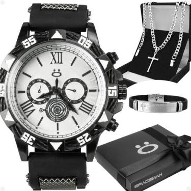 Imagem de relogio masculino aço + pulseira + caixa + cordao crucifixo black pian