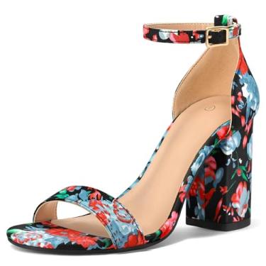 Imagem de COASIS Sandálias femininas de salto grosso, bico aberto, tira no tornozelo, 8,5 cm, Floral preto, 36