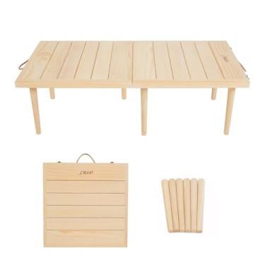 Imagem de SRYBLT Mesa de madeira Boho portátil de 56 x 111 cm, mesa de piquenique para dois, madeira de pinho maciça, design dobrável, pernas de mesa de 33 cm de altura, com verniz transparente, natural