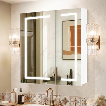 Imagem de KAASUNES Janboe Armário de remédios LED com luz, organizador de maquiagem com espelho, prateleira de vidro de iluminação, 3 cores e regulador, 76 × 81 cm, branco