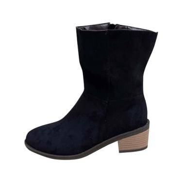 Imagem de Bota feminina fashion casual com zíper lateral camurça salto grosso fino versátil doce legal outono inverno moderno, Preto, 39