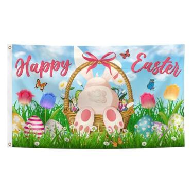 Imagem de Bandeira de coelho da páscoa feliz 9,5 x 1,5 m, ovos de Páscoa, coelhos, flores, borboleta, primavera, bandeiras, com ilhoses de latão, para ambientes internos e externos, varanda, gramado, cerca