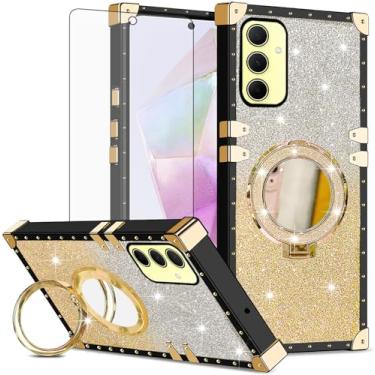 Imagem de Asuwish Capa de celular para Samsung Galaxy A35 5G capa magnética com protetor de tela de vidro temperado e espelho brilhante brilhante anel resistente à prova de choque suporte rígido A 35 35A A355G