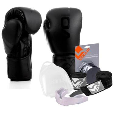 Imagem de Kit Boxe Muay Thai Luva 10Oz Preto + Protetor Bucal + Bandagem Preta -