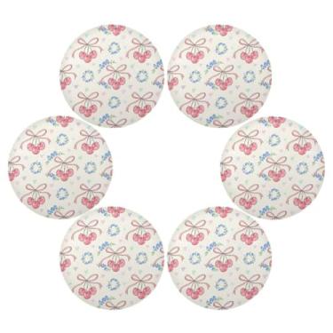 Imagem de Wassud Jogo americano Conjunto de 6 Cerejas com Fitas Tapetes de Mesa Redondos para Cozinha e Jantar Lavável Decoração de Mesa Resistente ao Calor 39 cm