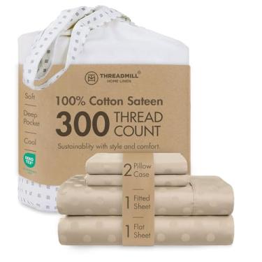 Imagem de Jogo de cama Threadmill Home Linen 300 fios 100% algodão, roupa de cama de luxo, conjunto de 4 peças, lençóis de cama, trama de cetim suave, king, branco, Polka Dot Beige, Queen