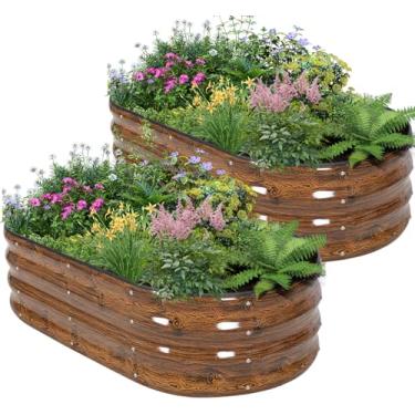 Imagem de BIRDSINYARD Canteiro elevado galvanizado para jardim - 2 pacotes com 2 canteiros elevados para jardinagem | Caixa oval de metal para jardim com bordas de segurança e luvas para vegetais, frutas e