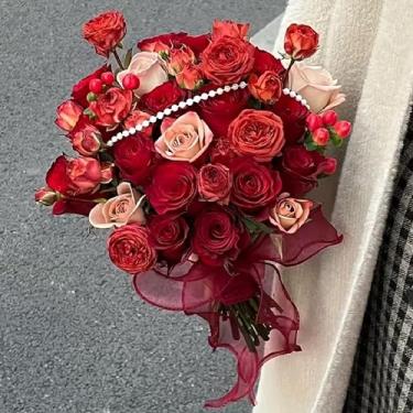 Imagem de Fita decorativa para embalagem floral vermelho vinho - Acabamento de borda de bolo de fio de rabo de peixe para festas e embrulhos de presente