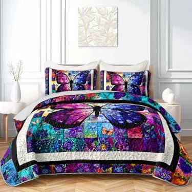 Imagem de QOOMO Conjunto de colcha de borboleta colorida, tamanho casal/Queen, conjunto de 3 colchas com estampa de flores, conjunto de cama leve de microfibra macia com 1 colcha e 2 fronhas para todas as