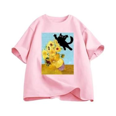 Imagem de Camiseta Feminina De Verão Com Estampa De Gato E Girassóis, Estilo Vin