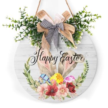 Imagem de Feliz coelhinho da páscoa sinal de coelho 30,5 x 30,5 cm, placa de pendurar de madeira de páscoa fofo coelhinho da páscoa guirlandas de boas-vindas para porta da frente, páscoa, floral, primavera,