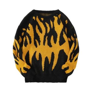 Imagem de Suéter Masculino Casual De Tricô Com Gola Redonda, Estampa De Fogo E E