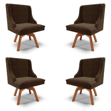 Imagem de Kit 4 Cadeiras Decorativas Sala De Jantar Base Giratória De Madeira Firenze Suede Marrom/natural G19