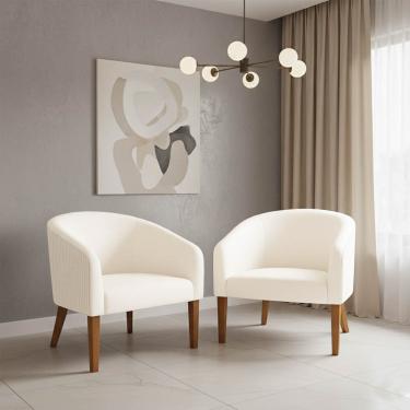 Imagem de Poltrona Sala Decorativa Kit 2 Stella Pé Madeira Trapézio Castanho Cotelê Ext/Veludo Bege D03 - D'Rossi