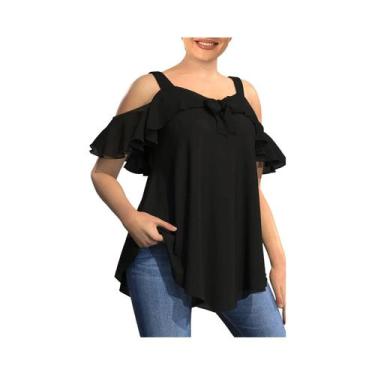 Imagem de Camiseta Feminina plus Size De Verão Com Babados, Decote Em V, Casual,
