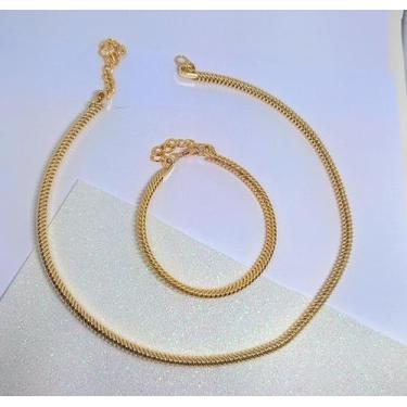 Imagem de Kit Conjunto Colar Choker Feminino + Pulseira Elo Aro Mola Folheado Ou