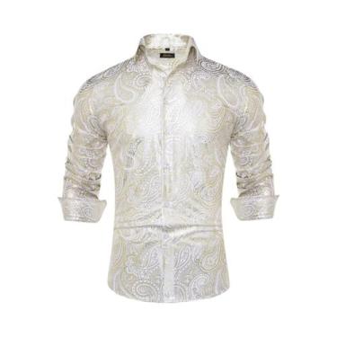 Imagem de Camisa De Seda Slim Fit Para Homens Com Estampa Paisley, Manga Longa, 