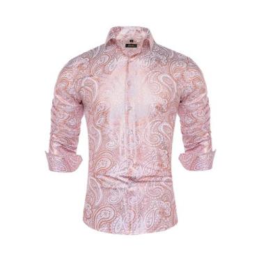 Imagem de Camisa De Seda Slim Fit Para Homens Com Estampa Paisley, Manga Longa, 