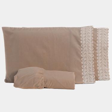 Imagem de Jogo De Cama Lençol Queen Florença Guipir 03 Peças - Percal Liso Algodão 200 Fios Cor Caqui