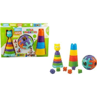 Imagem de Brinquedo Educativo Mega Kit com 9 Peças Ursinho Torre e Formas Geométricas Amarelo Kendy Brinquedos