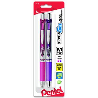 Imagem de Pentel Caneta de gel líquido retrátil EnerGel RTX, linha média, ponta de metal, tinta rosa/violeta, pacote com 2 (BL77BP2PV)