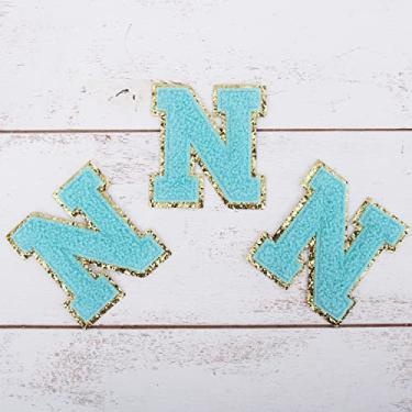 Imagem de Pacote com 3 adesivos de chenille ferro sobre glitter universitário com letras "N" - Tecido de chenille azul com acabamento dourado - Costurar ou passar - 5,5 cm de altura